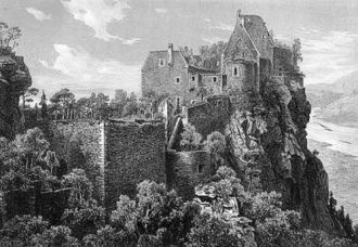 Замок Аггштайн на старинной гравюре