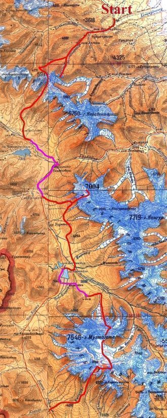 Нитка маршрута восхождения на Конгур