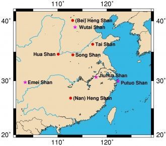 Карта священных гор Китая: красные кружк