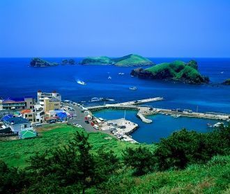 Вид на город Чеджу с высоты птичьего пол