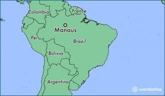 Город Манаус на карте Бразилии.