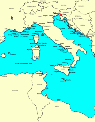 Город Триест на карте Италии.