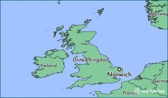 Норидж на карте Англии.