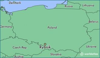 Город Рыбник на карте Польши.