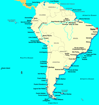 Город Натал на карте Бразилии.