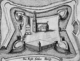 Гравировка Биржайского замка в 17 веке.