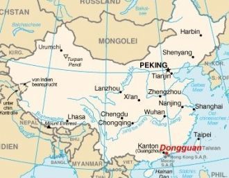 Дунгуань на карте Китая.