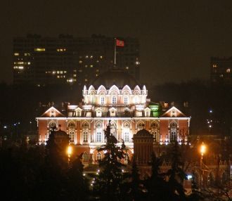 Петровский путевой дворец ночью