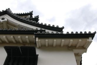 Чёрная черепичная крыша, белые стены, зо