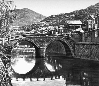 Изображение моста Меганэ-баси в 1634 год
