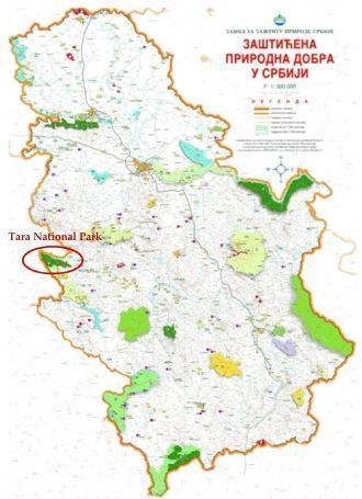 Национальный парк Тара на карте Сербии.