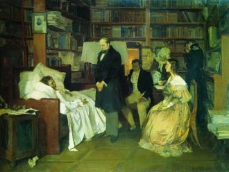 Раненый Пушкин после дуэли в своем кабин