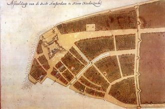Карта Нового Амстердама. Слева - форт Ам