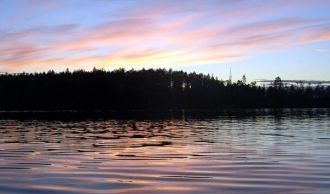 Берега слабо холмистые, покрытые хвойным