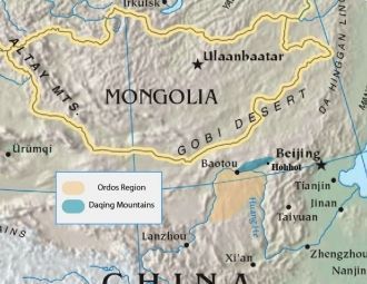 Пустыня Ордос на карте.