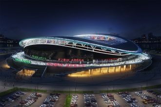 Вид на ночной стадион Казань Арена.